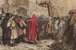 Illustration de Giovanni Battista Bugatti, le célèbre bourreau des États pontificaux, supervisant une exécution publique entouré par une foule de spectateurs à Rome.