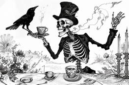 Illustration en noir et blanc d'un squelette en haut-de-forme partageant un thé humoristique avec des corbeaux, représentant l'humour et la mort dans une scène surréaliste.