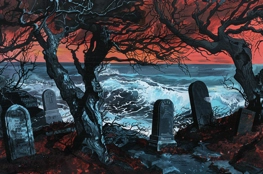 Un cimetière marin en bord de mer, avec des pierres tombales entourées d'arbres sombres et des vagues puissantes sous un ciel rougeoyant, évoquant un lieu mystique et intemporel.