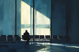 Un homme assis seul dans une salle éclairée par une lumière douce provenant d'une grande fenêtre, reflétant les thèmes de solitude et de réflexion présents dans le film Une belle fin.
