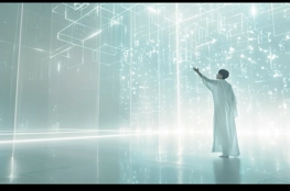 Une personne en robe blanche se tient dans un environnement holographique lumineux, symbolisant le lien entre la Technologie et la Mort, et explore un espace numérique comme une passerelle vers l’immatériel.