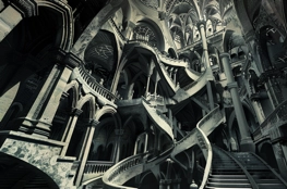 Illustration de l'architecture complexe et labyrinthique inspirée par l'architecture des cimetières gothiques, avec des arches et des escaliers enchevêtrés.
