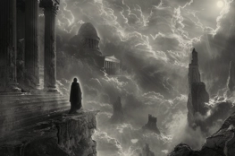 Immortalité et Philosophie : Un personnage isolé observe les ruines d'une architecture antique sous un ciel tourmenté, représentant une méditation sur l’éternité et le sens de la vie.