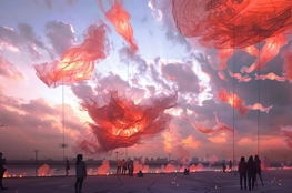 Le cycle de la vie et de la mort dans l'art asiatique est illustré par de grandes sculptures flottantes, semblables à des voiles ou des âmes, s'élevant dans un ciel crépusculaire devant des spectateurs contemplatifs.