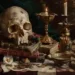 Une nature morte baroque avec un crâne, des livres anciens, des bougies consumées et des pièces de monnaie, représentant les allégories de la mort dans les peintures baroques.