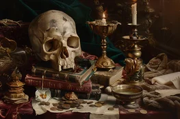 Une nature morte baroque avec un crâne, des livres anciens, des bougies consumées et des pièces de monnaie, représentant les allégories de la mort dans les peintures baroques.