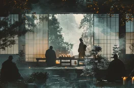 Une scène évoquant les rituels funéraires japonais dans Nokanshi le film. Des silhouettes participent à une cérémonie, entourées de bougies et de brume, dans une pièce à l'esthétique japonaise traditionnelle.