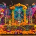 Les autels de la mort dans les cultures mexicaines : Un autel traditionnel du Día de Muertos richement décoré de crânes colorés, de fleurs de cempasúchil, de bougies et d'offrandes symboliques.