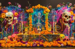 Les autels de la mort dans les cultures mexicaines : Un autel traditionnel du Día de Muertos richement décoré de crânes colorés, de fleurs de cempasúchil, de bougies et d'offrandes symboliques.