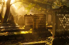 Les cimetières juifs célèbres : Une stèle ornée de l’étoile de David dans un cimetière juif, baignée de lumière dorée, mettant en valeur le patrimoine culturel et religieux.Rayons de soleil perçant les arbres dans un cimetière juif ancien, symbole de mémoire et de spiritualité intemporelle.