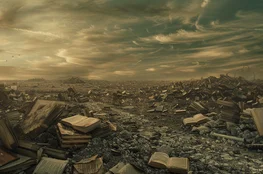 Le Suicide Philosophique illustré par une scène apocalyptique où des piles de livres abandonnés s'étendent à perte de vue sous un ciel oppressant, évoquant la confrontation entre l'humanité et le désespoir existentiel.