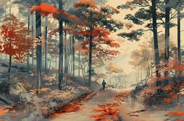 Illustration représentant la pleine conscience en marchant : une silhouette solitaire traverse un sentier forestier baigné de lumière automnale, entourée d'arbres aux couleurs chaudes et apaisantes