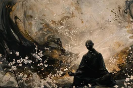 Le Sokushinbutsu représente l'ascèse ultime et la quête spirituelle intense d'un moine en méditation, dont l'énergie transcende les limites physiques, comme le montre cette image de méditation profonde au cœur d'une tempête d'énergie mystique.