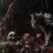 L'image illustre l'art de la taxidermie, avec un chat orné de fleurs et de lianes se tenant près d'un crâne humain, dans un décor de plantes et de roses fanées. Un contraste captivant entre la vie figée et la nature mourante.