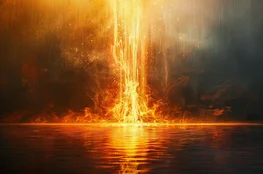 Illustration symbolique représentant une chute de lumière enflammée sur un plan d’eau sombre, évoquant le thème Apocalypse et culture contemporaine.