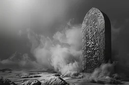 Cimetières musulmans : Stèle dans un cimetière musulman, entourée de brouillard, avec calligraphie arabe gravée sur pierre, évoquant une atmosphère spirituelle.