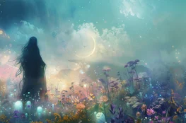 Illustration onirique d’un paysage mystique où une silhouette chamane se tient au milieu d’un champ de fleurs illuminées, symbolisant le lien entre chamanisme et mort dans une ambiance surnaturelle et céleste.