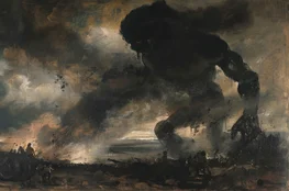 Peinture numérique représentant un paysage apocalyptique où une créature géante surgit des ténèbres, symbolisant la Mort et Renaissance Culturelle à travers une scène de destruction et de possible renouveau.