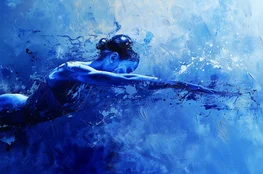 Femme nageant dans un style pictural abstrait bleu, illustrant le lien entre pleine conscience et performance sportive à travers la concentration et le mouvement fluide dans l’eau.
