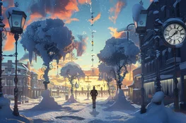 Illustration onirique d'une rue enneigée remplie d'horloges figées, représentant l’univers de Un jour sans fin et sa boucle temporelle infinie.