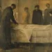 Peinture d’un groupe de personnes debout autour d’un lit où repose un défunt recouvert d’un drap blanc, dans une ambiance sombre et introspective. L’œuvre illustre le thème Philosophie et Solidarité dans la Mort, en montrant une communauté unie dans le silence et le respect face à la perte.
