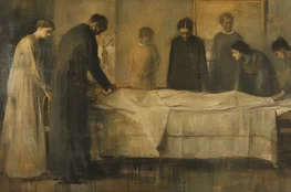 Peinture d’un groupe de personnes debout autour d’un lit où repose un défunt recouvert d’un drap blanc, dans une ambiance sombre et introspective. L’œuvre illustre le thème Philosophie et Solidarité dans la Mort, en montrant une communauté unie dans le silence et le respect face à la perte.