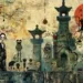 Illustration représentant l’art funéraire chinois avec des figures squelettiques, des lanternes, des stèles et des symboles traditionnels dans une atmosphère surnaturelle et poétique.