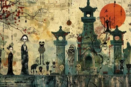 Illustration représentant l’art funéraire chinois avec des figures squelettiques, des lanternes, des stèles et des symboles traditionnels dans une atmosphère surnaturelle et poétique.