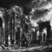 Ruines monumentales inspirées des mausolées des grandes familles italiennes, représentant des vestiges architecturaux classiques sous un ciel dramatique.