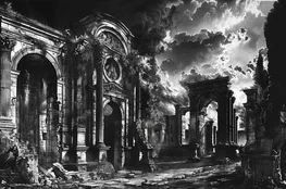 Ruines monumentales inspirées des mausolées des grandes familles italiennes, représentant des vestiges architecturaux classiques sous un ciel dramatique.