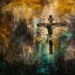 Peinture moderne représentant La Passion du Christ, avec Jésus crucifié au centre d'une scène tourmentée mêlant éclats de lumière et ombres sombres.