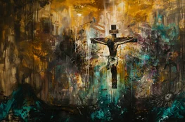 Peinture moderne représentant La Passion du Christ, avec Jésus crucifié au centre d'une scène tourmentée mêlant éclats de lumière et ombres sombres.