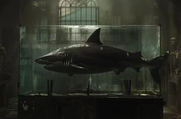 Un gigantesque requin conservé dans un aquarium, exposé dans une salle remplie de squelettes humains, une scène artistique qui rappelle les œuvres de Damien Hirst et leur exploration de la mortalité.