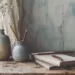 Coin de bureau minimaliste avec carnet, crayons, et vases en céramique, illustrant un moment calme dédié au journaling et pleine conscience.
