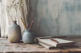 Coin de bureau minimaliste avec carnet, crayons, et vases en céramique, illustrant un moment calme dédié au journaling et pleine conscience.