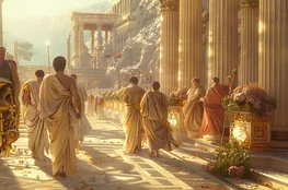 Scène de cérémonie dans une Rome antique idéalisée, avec des colonnes dorées, des fleurs en abondance et des citoyens en toges, évoquant le faste des rites associés aux Cimetières Romains Antiques.