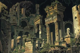 Illustration symbolique des Rites des Cimetières Romains Antiques représentant des ruines funéraires romaines envahies par la végétation.
