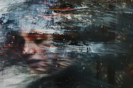 Visage flou traversé de traits abstraits sombres et rouges, illustrant la Philosophie de la Destinée comme perte de contrôle sur sa propre vie, dans une atmosphère de souffrance et de déterminisme.
