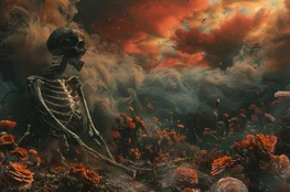 Skeleton seated in a glowing field of orange flowers under a smoky sky, symbolizing the spiritual transition and renewal found in the Histoire et Symbolisme de la Crémation.
