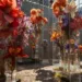 Installation florale moderne illustrant la symbolique des fleurs dans les cimetières, avec des compositions suspendues évoquant le deuil, la mémoire et la transcendance.