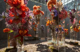Installation florale moderne illustrant la symbolique des fleurs dans les cimetières, avec des compositions suspendues évoquant le deuil, la mémoire et la transcendance.