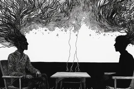 Illustration en noir et blanc représentant deux personnes en pleine discussion silencieuse, reliées par des flux mentaux symboliques – une métaphore visuelle de la pleine conscience et de la communication non violente.