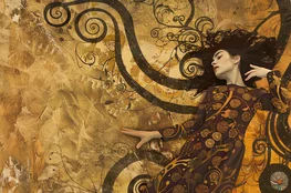 Femme allongée dans une composition dorée et abstraite illustrant la Philosophie et Poésie de la Mort, entre symbolisme artistique et contemplation intérieure.