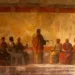 Fresque représentant un enseignement collectif, illustrant les Origines art chrétien à travers une scène de transmission spirituelle dans un style antique.
