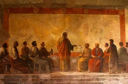 Fresque représentant un enseignement collectif, illustrant les Origines art chrétien à travers une scène de transmission spirituelle dans un style antique.