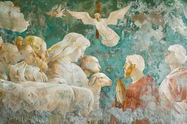 Fresque effritée montrant une procession de fidèles, d’animaux et de colombes vers la colombe du Saint-Esprit, illustration emblématique de l’art chrétien primitif et de ses symboles de résurrection et de salut.