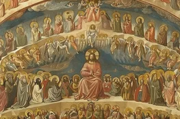 Fresque médiévale illustrant les visions chrétiennes de l’au-delà, avec le Christ en majesté, des anges, des élus et des damnés dans une scène du Jugement Dernier.