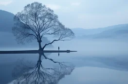 Paysage symbolique illustrant la Philosophie des Rites de Passage : un humain seul près d’un arbre, face à un lac brumeux.