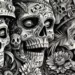 Masques de la mort stylisés représentant des crânes décorés avec des motifs floraux et sacrés dans une interprétation artistique en noir et blanc.