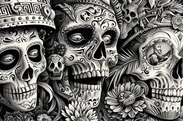 Masques de la mort stylisés représentant des crânes décorés avec des motifs floraux et sacrés dans une interprétation artistique en noir et blanc.
